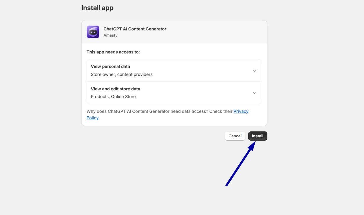 Log in to your Shopify admin and add the “Install”